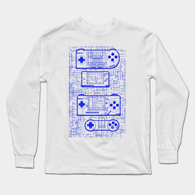 Blue Handheld Gaming Controller Da Vinci Blueprint Long Sleeve T-Shirt by Trip Tank